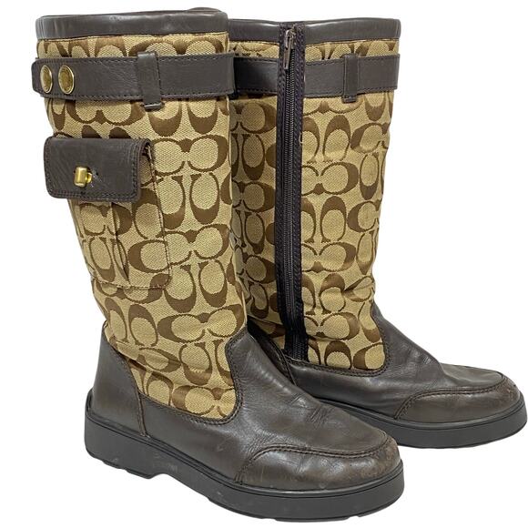 Vintage Coach KAYLA Rain Winter Boots Size 7 Logo Leather Canvas Pocket A7225 - Picture 1 of 16